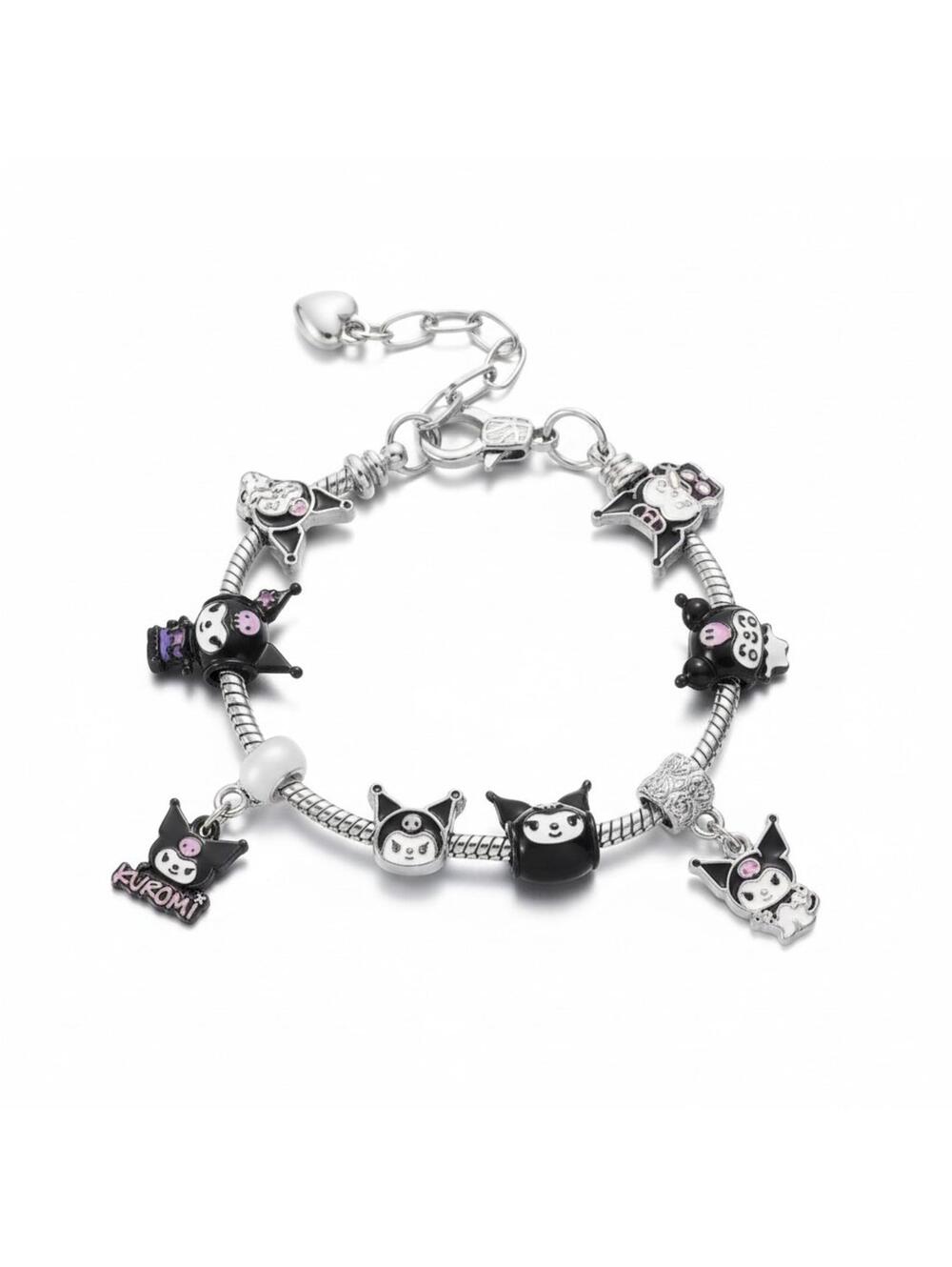 Sanrio Kuromi Charm Bracelet - Goth Punk Black & Pink Enamel Hello Jewelry Gift